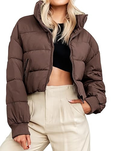 MEROKEETY Women's 2030 Winter Cropped Puffer Jacket Long Sleeve Oversized Stand Collar Zip-Up Short Coat, Coffee, S | Amazon (US)