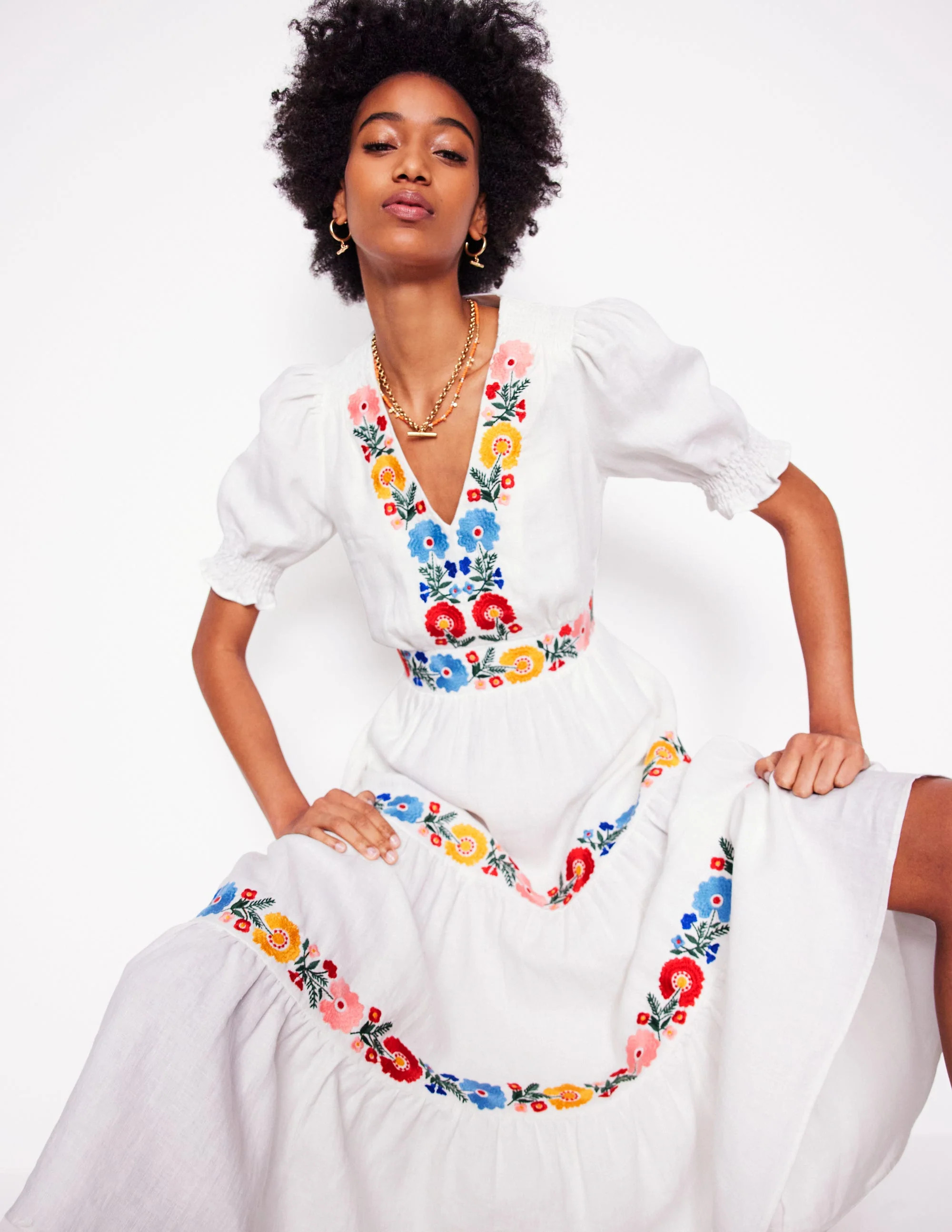 Anna Linen Tiered Midi Dress-White, Multi Embroidery | Boden UK