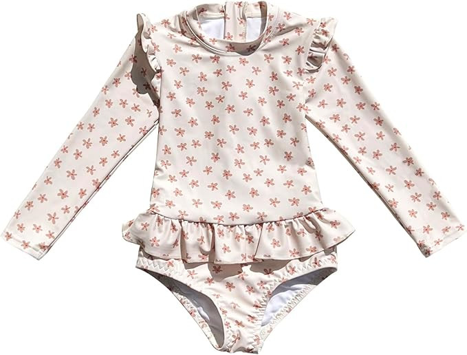 Girls One Piece Swimsuits Zipper Rash Guard Long Sleeve Bathing Suit with Ruffle Hem UPF50+ | Amazon (US)