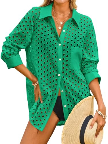 Fisoew Womens Hollow Out Swimsuit Coverup Shirt Button Down Bathing Suit Cover Ups Beachwear | Amazon (US)