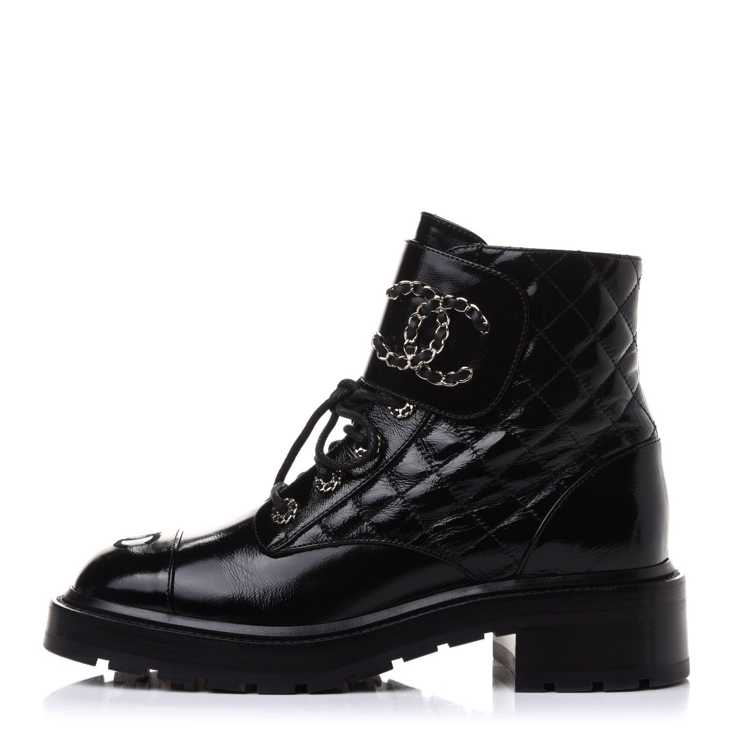 CHANEL

Shiny Calfskin Quilted Lace Up Combat Boots 39 Black | Fashionphile