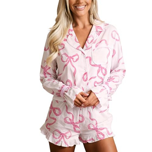 Fenghualzzniya Women Valentine's Day Pajamas Bow Satin Pajama Sets Button Down Shirts Ruffle Shorts 2 Piece Pj Set Silk Sleepwear, White, Small | Amazon (US)