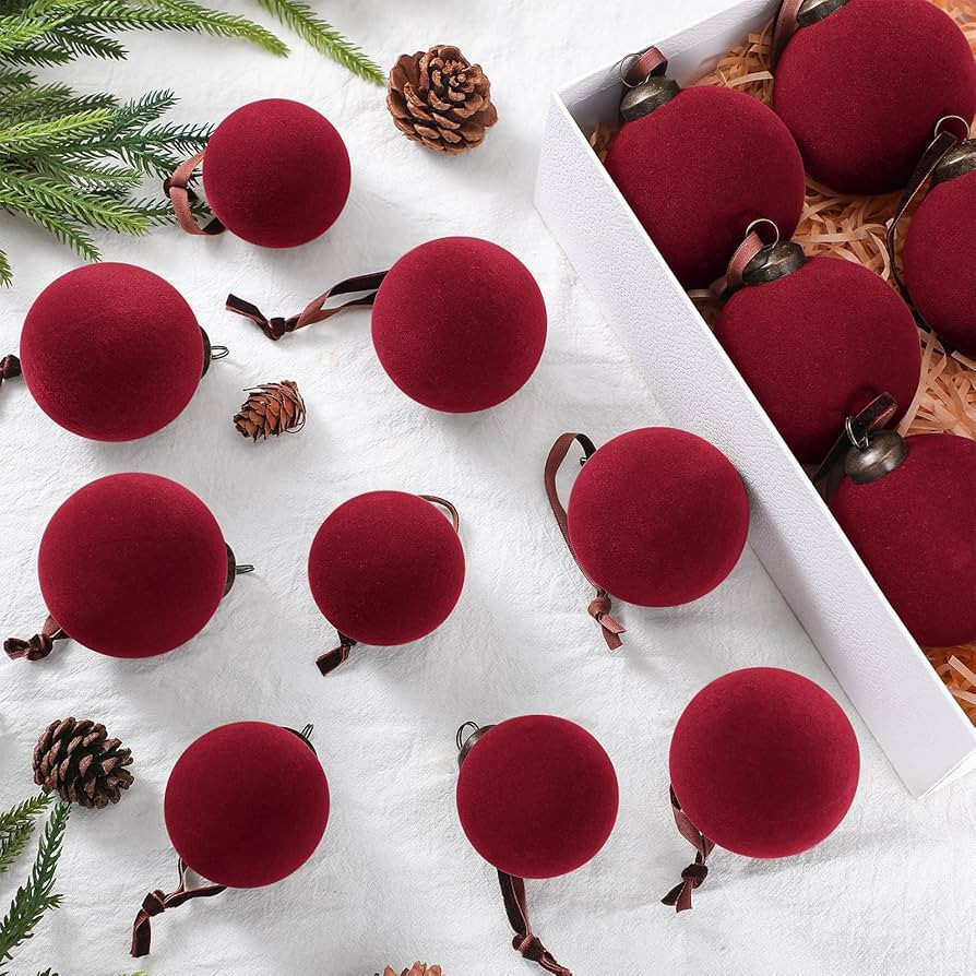 36 Pcs Wine Red Velvet Christmas Balls Bulk - 2.36", 2.76", 3.15" Flocked Christmas Tree Ball Orn... | Amazon (US)