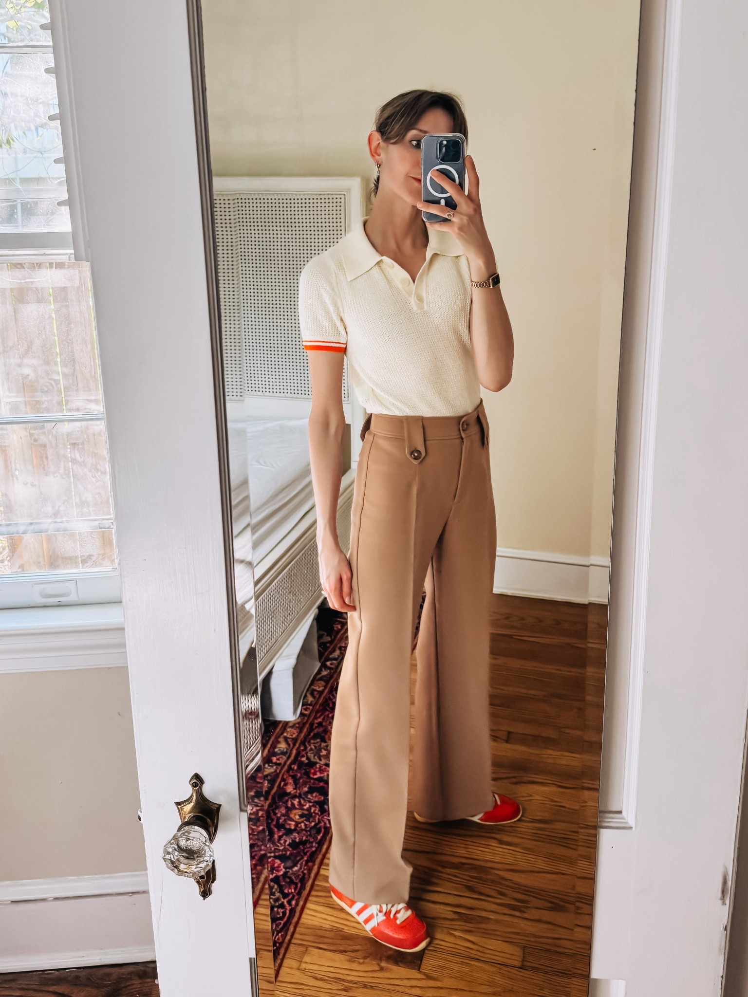 A sporty chic commuter look for work. Love these retro red sneakers with this knit polo shirt.

#LTKWorkwear #LTKShoeCrush #LTKSummerEdit