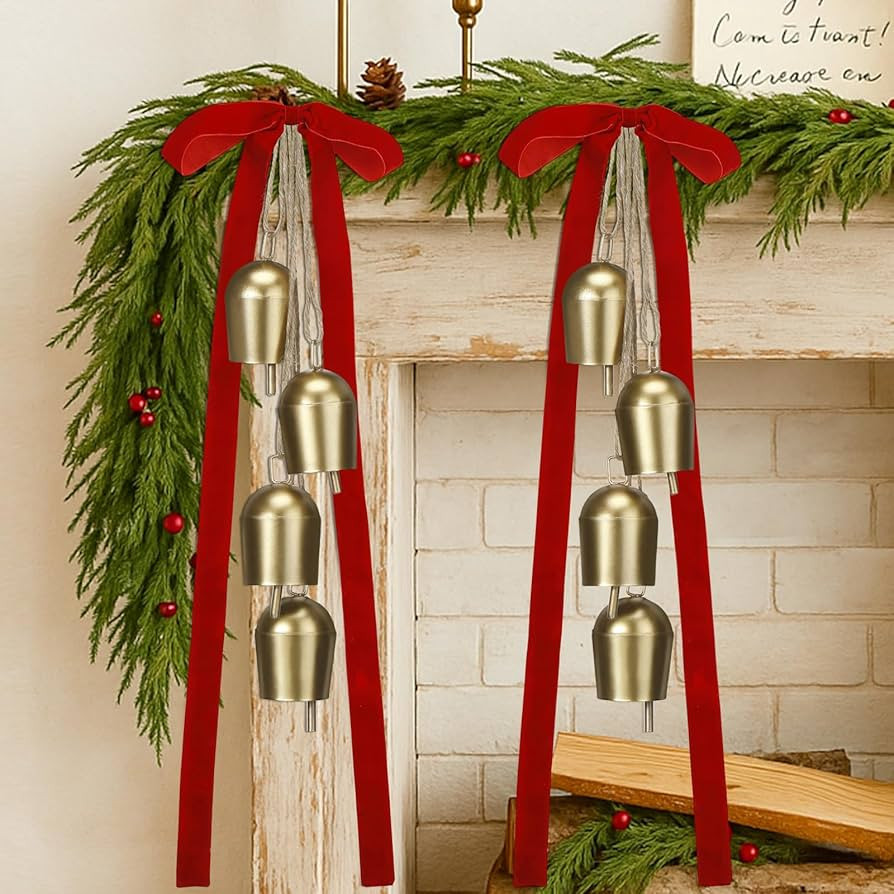 Marsui 2 Sets Christmas Gold Bells with Red Velvet Bows Christmas Jingle Bells Door Hanger Farmho... | Amazon (US)