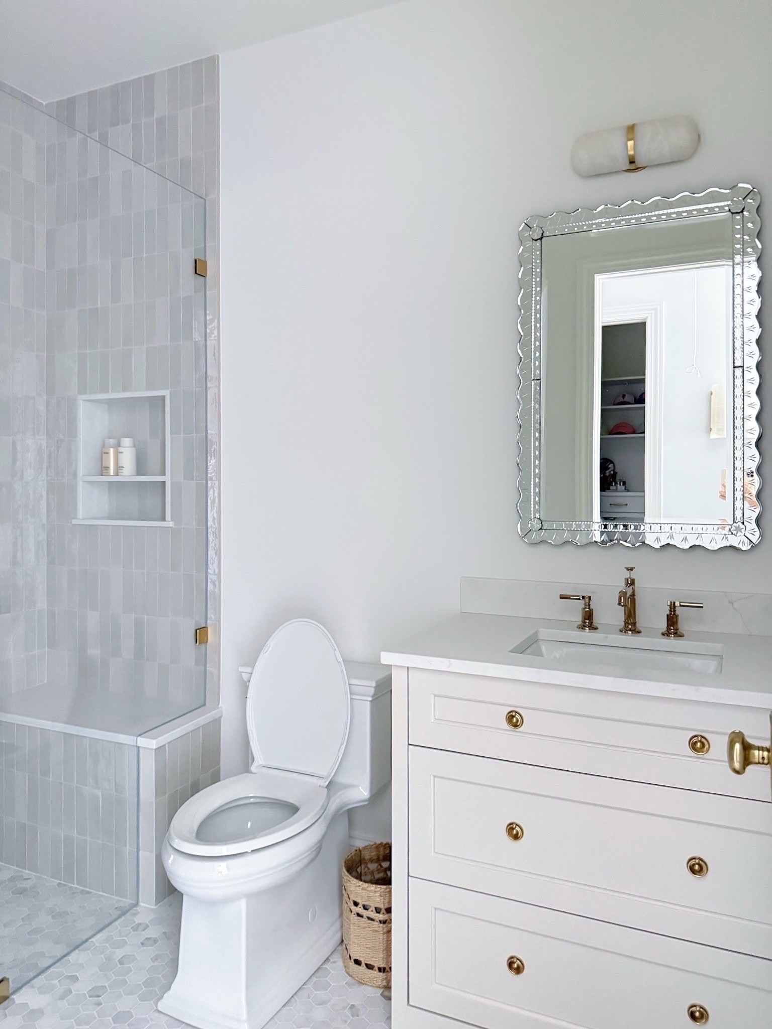 Sources from my daughter‘s bathroom include this gorgeous scalloped mirror and marble pill sconce. Cute and affordable target accessories.

#LTKHome