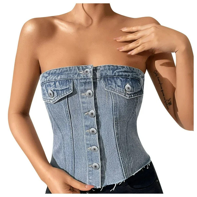 DFEK Women's Denim Tube Tops Button Front Raw Hem Smocked Back Crop Strapless Bandeau Top BU2 XS | Walmart (US)