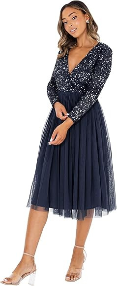 Maya Deluxe Damen Midi Elegant Hochzeit Ärmel Tiefer V Ausschnitt Pailletten Cocktailkleid Absch... | Amazon (DE)