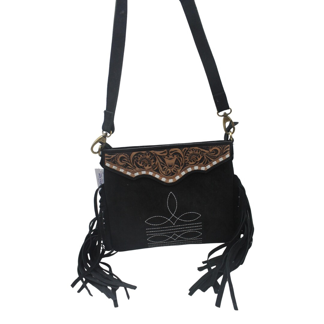 Black Suede Fringe Crossbody Bag: Western Hand Tooled Floral, Cowgirl Purse - Etsy | Etsy (US)