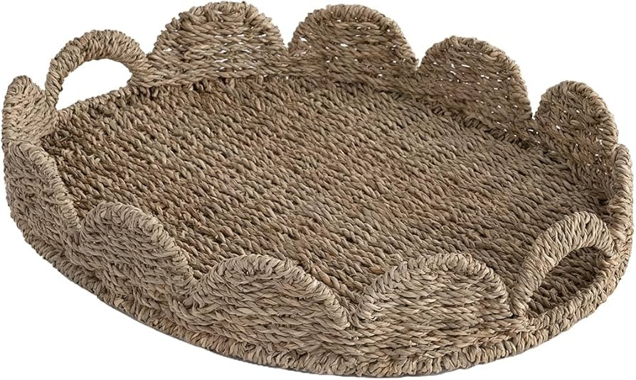 StorageWorks Scalloped Edge Wicker Serving Tray, Woven Rattan Table Trays with Handle, Wicker Tra... | Amazon (US)