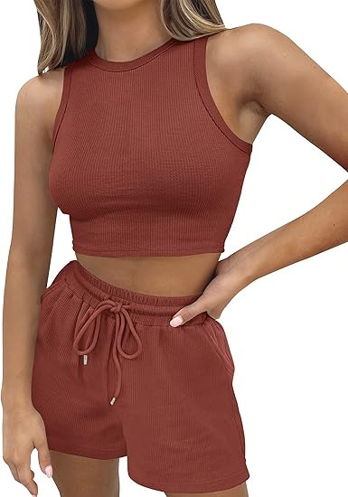 ZESICA Women's Waffle Knit Sleeveless Crop Top and Shorts Pullover Nightwear Lounge Pajama Set wi... | Amazon (US)