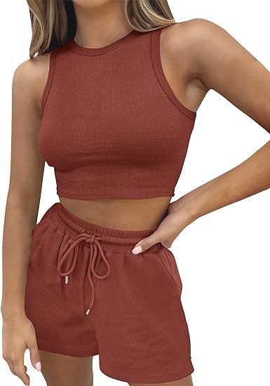 ZESICA Women's Waffle Knit Sleeveless Crop Top and Shorts Pullover Nightwear Lounge Pajama Set wi... | Amazon (US)