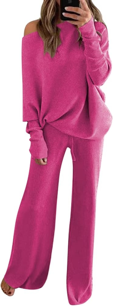 Fixmatti Women Knitted Outfits High Neck Sweater Wide Leg Pant Set 2 Pieces Sweatsuit | Amazon (US)