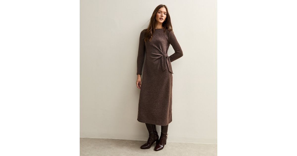Dark Brown Tie Belt Midi Dress | New Look | New Look (UK)