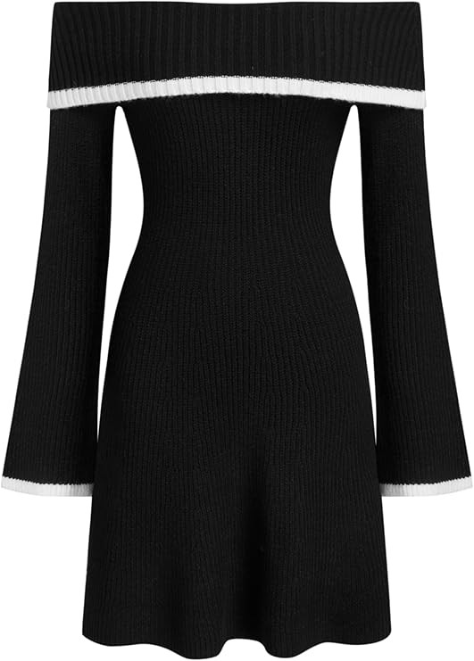 CIDER Womens Sweater Dresses Off The Shoulder Long Sleeve Color Block A Line Mini Dress Fall Part... | Amazon (US)