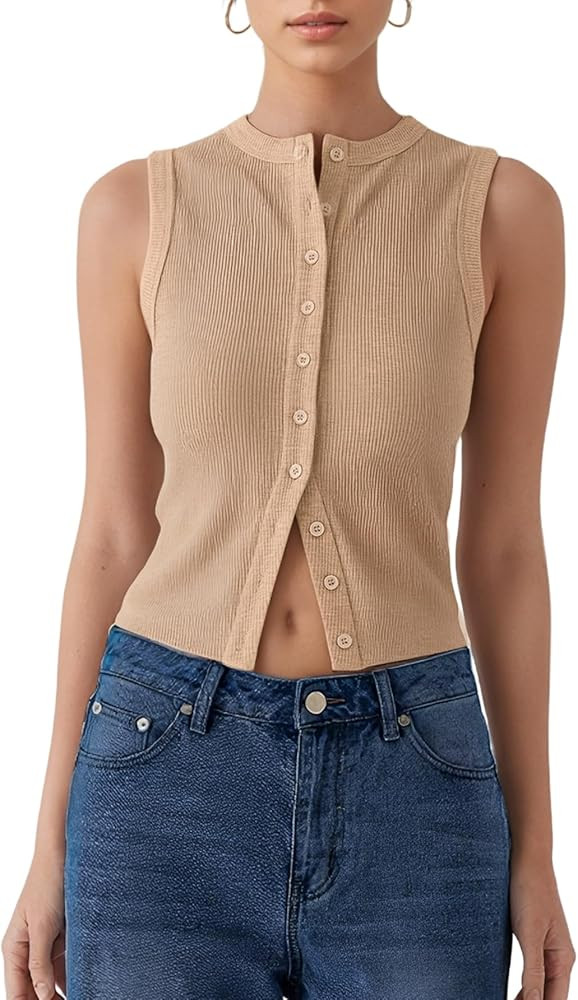 Women\u2019s Button Down Tank Tops Sleeveless Ribbed Crop Summer Button Up Crewneck Vest Shirt Go... | Amazon (US)