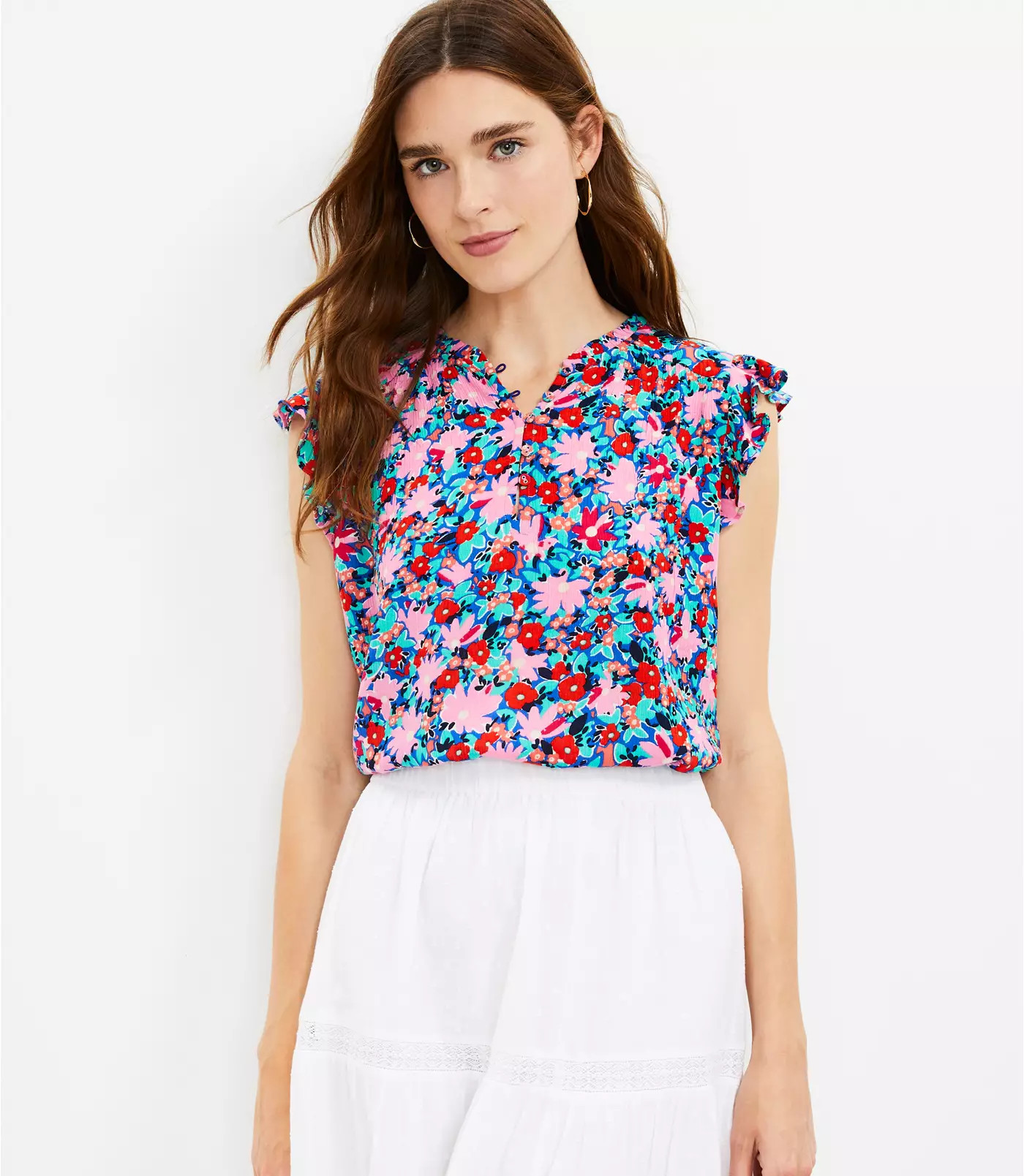 Daisy Ruffle Button Mixed Media Top | LOFT | LOFT