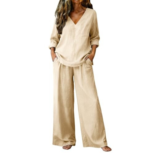Linen Matching Set Women Summer Outfits for Women 2 Piece Set Cotton Linen Sets Dressy Casual Long Sleeve Tops Pants Suits Loose Vacation Work Clothes Clothing 2026 Khaki M | Amazon (US)