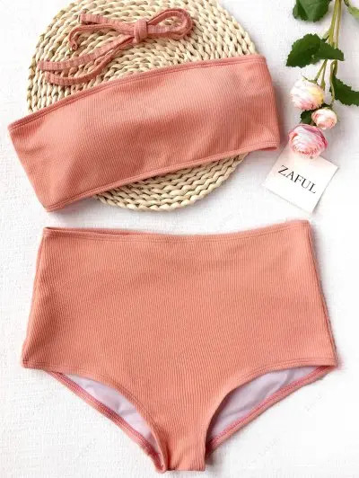 Ribbed Texture High Waisted Bandeau Bikini | ZAFUL (Global)
