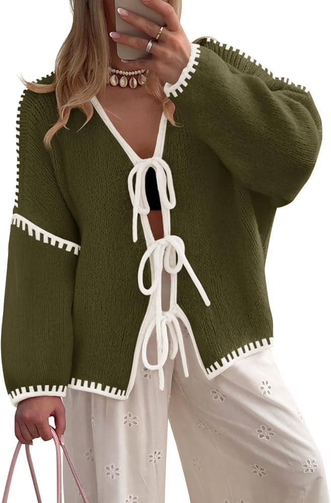 ZESICA Crdigans for Women Trendy 2025 Tie Front Bow Sweaters Casual Long Sleeve Winter Clothing C... | Amazon (US)
