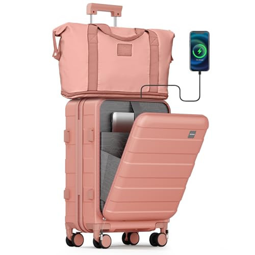 imiomo Carry on Luggage Airline Approved with Front Pocket and USB Port, Hard Shell 20 Inch Travel Carry-on Suitcase with Spinner Wheels and TSA Lock, Pink | Amazon (US)