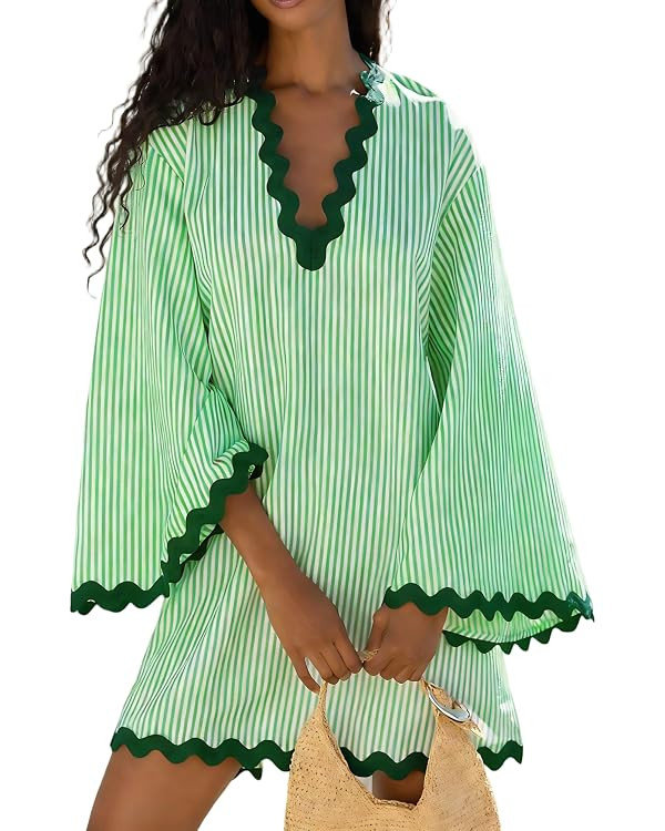 VAOYIU Women Vertical Stripe Swim Cover Up Dress Scalloped Trim V Neck Bell Sleeve Side Slit Beac... | Amazon (US)