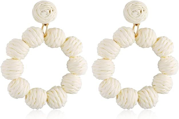 Statement Raffia Earrings for Women Girls Boho Rattan Ball Hoop Dangle Earrings Handmade Bohemia ... | Amazon (US)