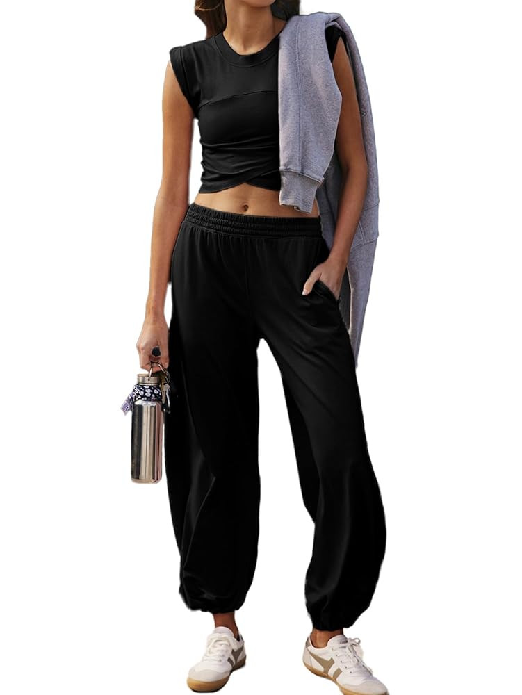 Glamaker Women's Two Piece Athletic Sets Casual Workout Sleeveless Cropped Tops High Sweatpants J... | Amazon (US)