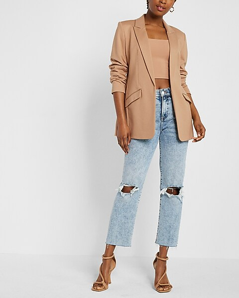 Luxe Comfort Knit Open Front Peak Lapel Boyfriend Blazer | Express