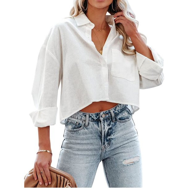 Langwyqu Turn-Down Collar Women Solid Button Crop Tops Lapel Blouse With Pocket | Walmart (US)