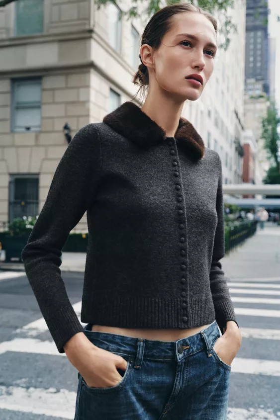 FAUX FUR LAPEL KNIT CARDIGAN | Zara US