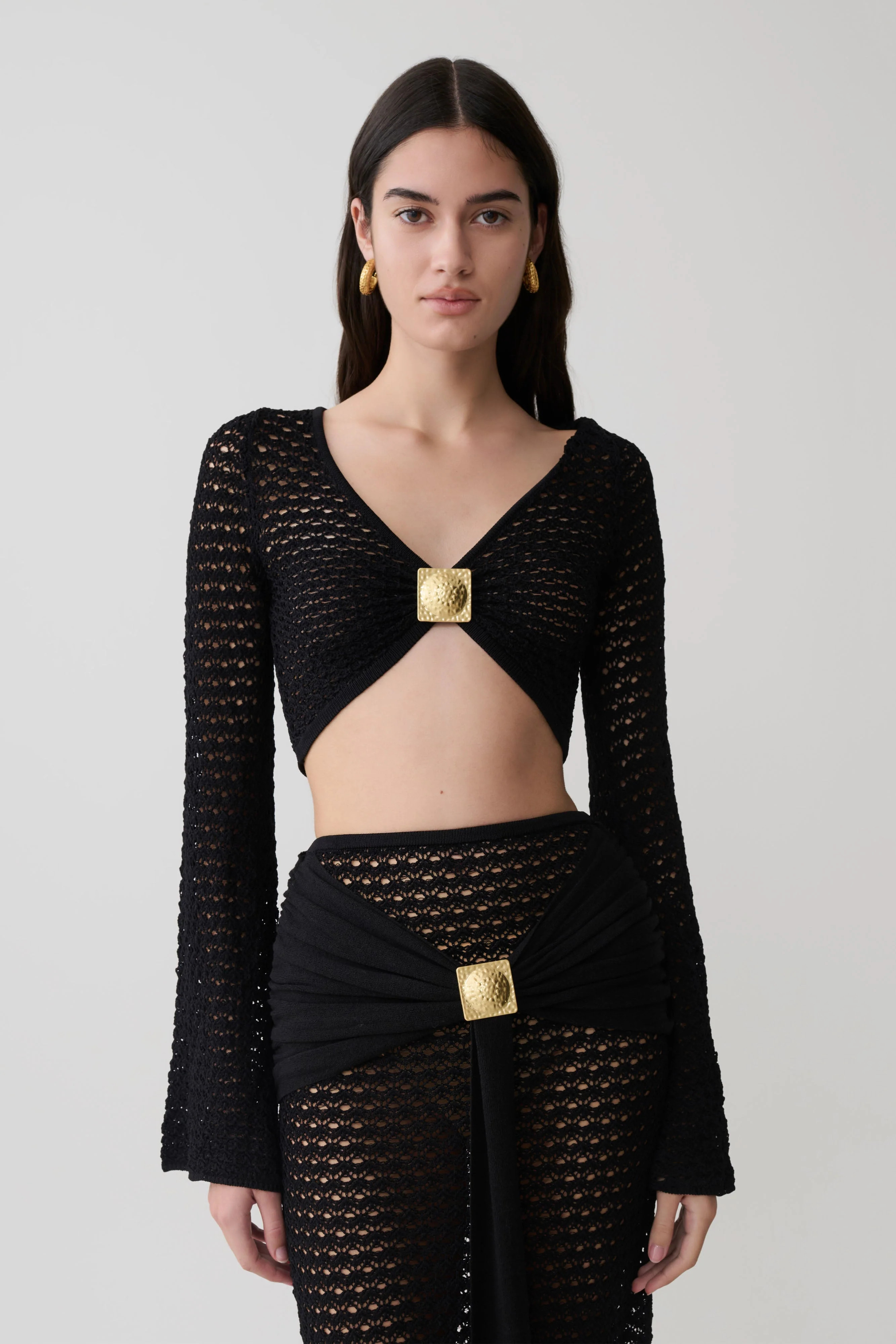 Mania Crochet Long Sleeve Cropped Top - Black | Meshki UK