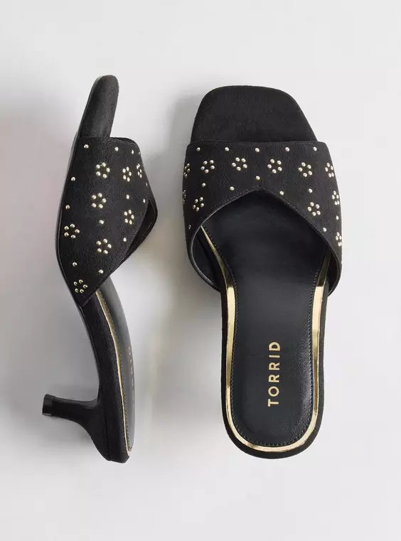 Floral Studded Kitten Heel Mule (WW) in Black | Torrid (US & Canada)