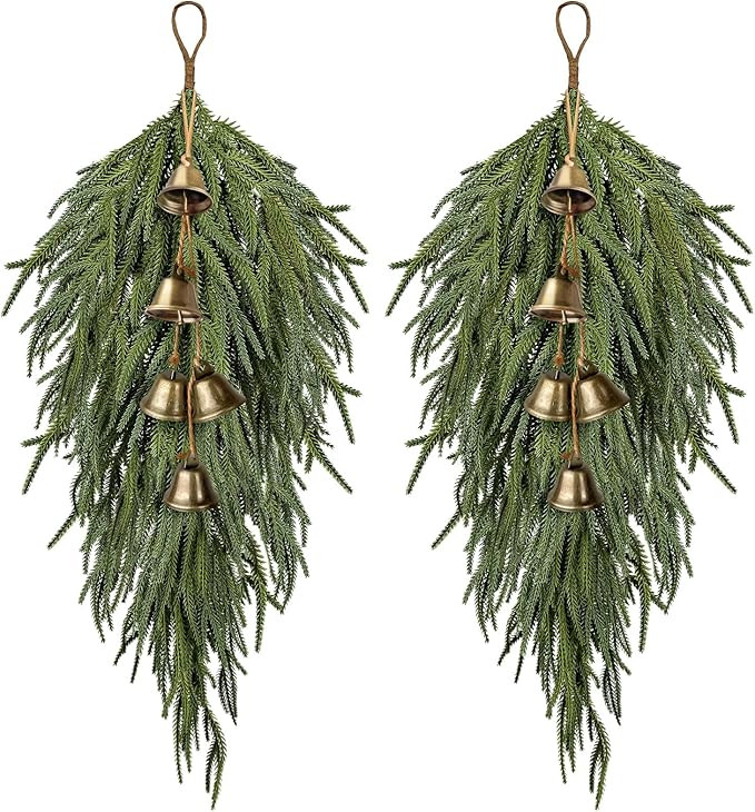 2 Pcs Christmas Swag with Bell,27.5inch Norfolk Pine Teardrop Swag,Christmas Teardrop Wreath for ... | Amazon (US)