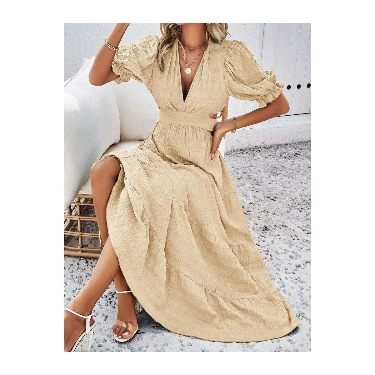 Women's Summer A Line Deep V Neck Dress Short Lantern Sleeve Ruffles Swing Midi Dress with Belt | Target