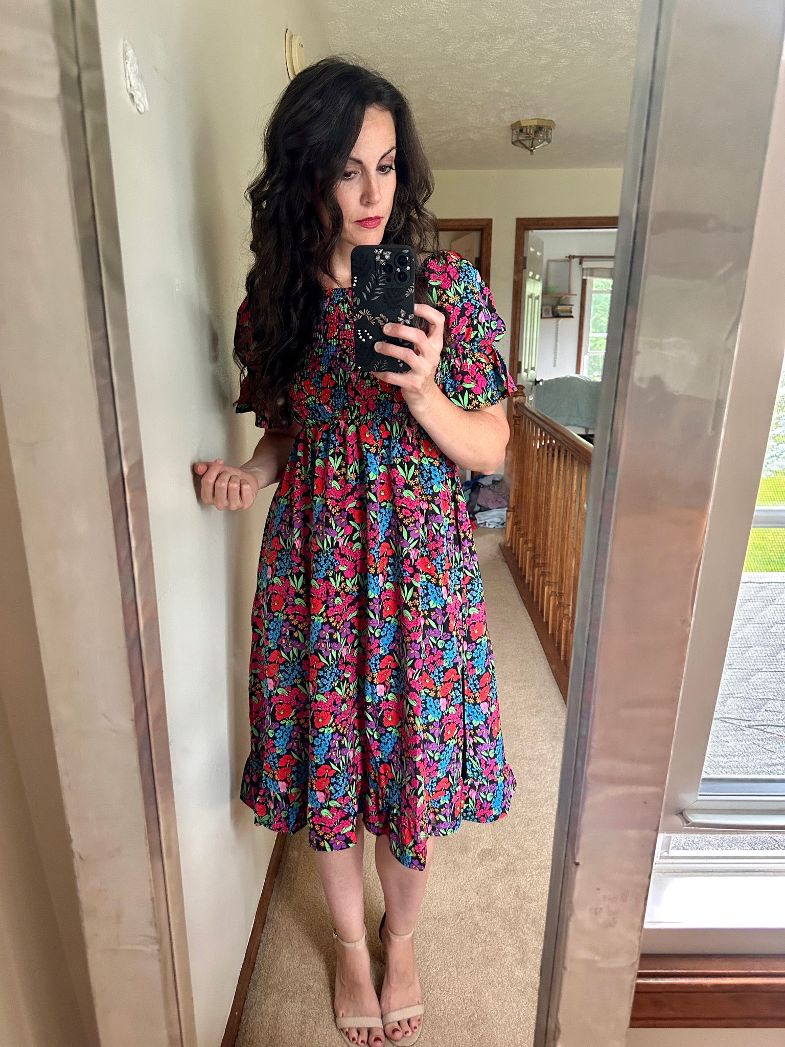 Floral Print Shirred Dress with puff sleeves