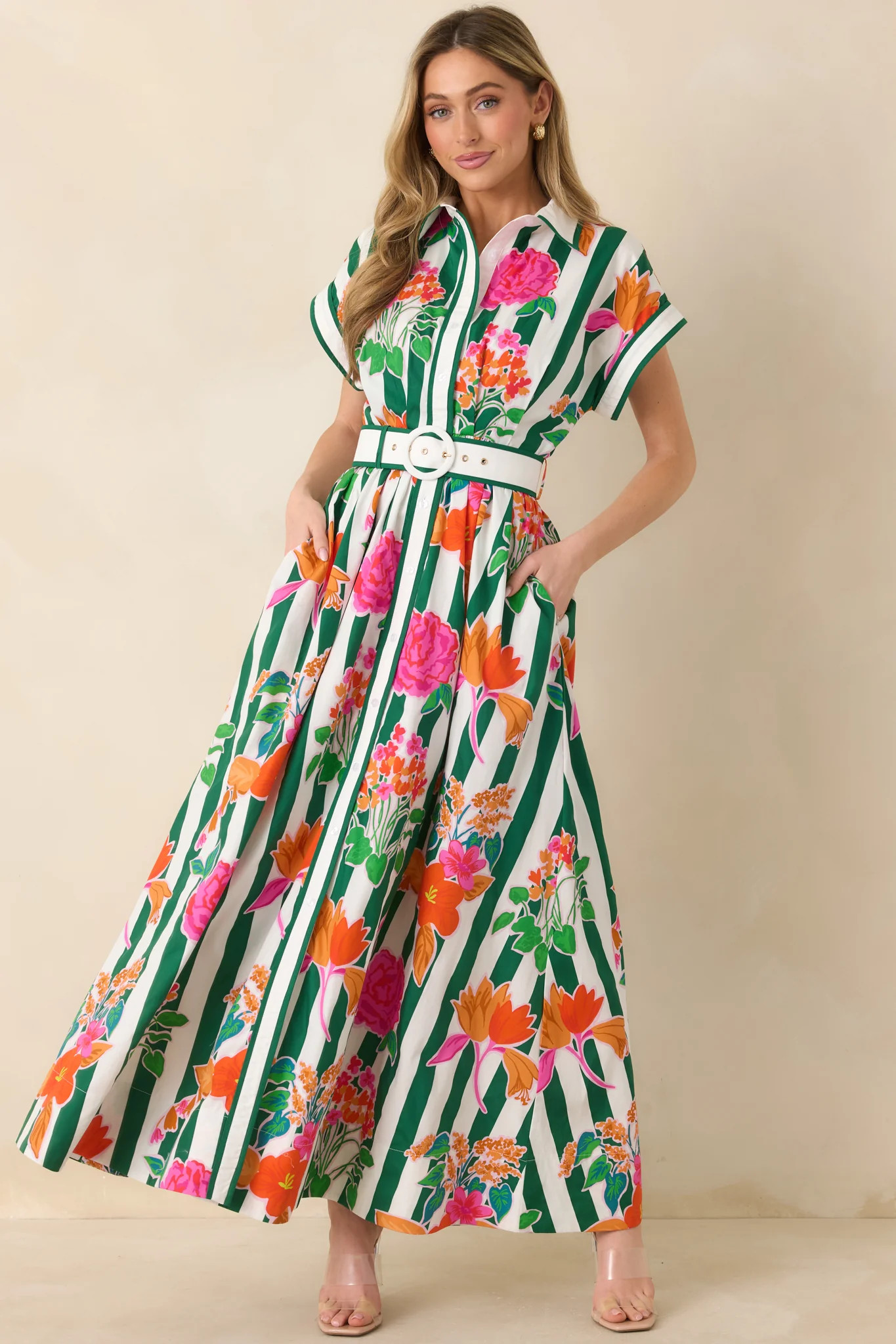 Prosperina Jocelyn Green Multi Floral Stripe Cotton Maxi Dress | Red Dress