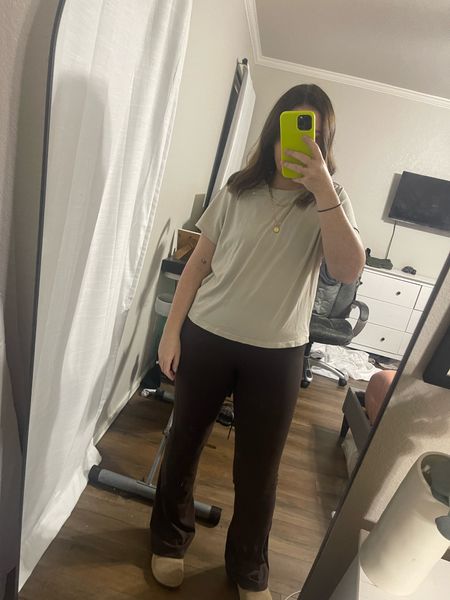 Whole Amazon Outfit. Size M in everything. 

Casual | OOTD | Leggings | Flared Leggings | Cropped Tee | Buttery Soft | Lulu Dupes | Lululemon | Amazon | Neutrals | Initial Necklace | 

#casualootd #amazonfinds #style 

#LTKSeasonal #LTKstyletip #LTKU