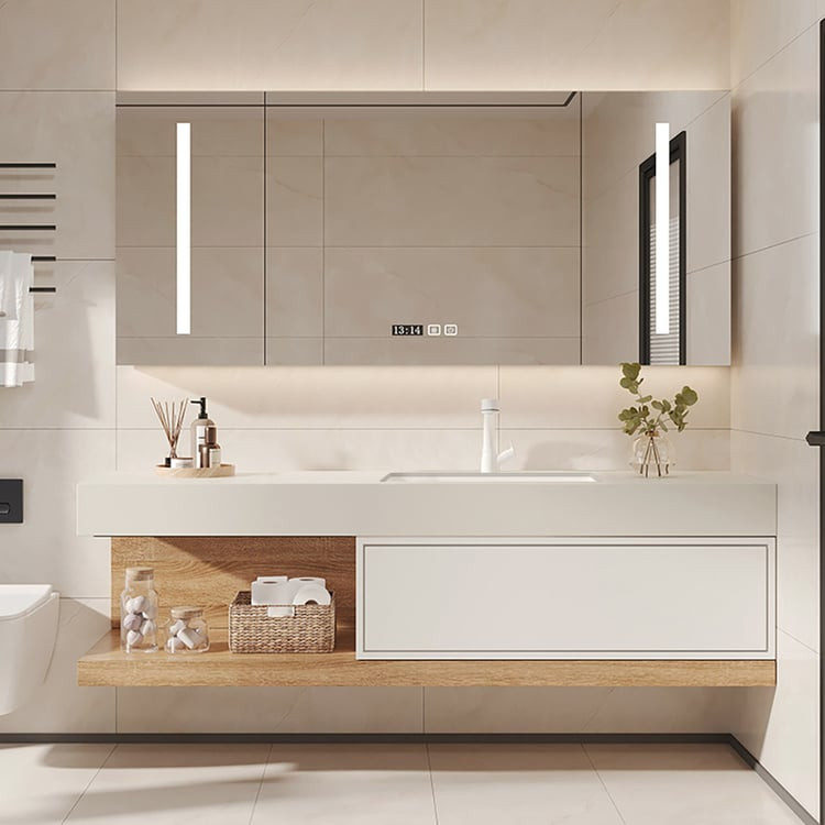 59" Modern Floating Bathroom Vanity Set With Single Sink Wall-Mounted in White & Natural | Homary