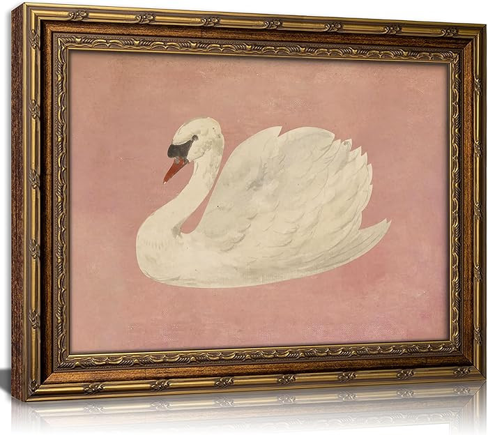 Vintage Gold Framed Wall Art Retro White Swan Cottagecore Canvas Print Neutral Moody Bird Paintin... | Amazon (US)