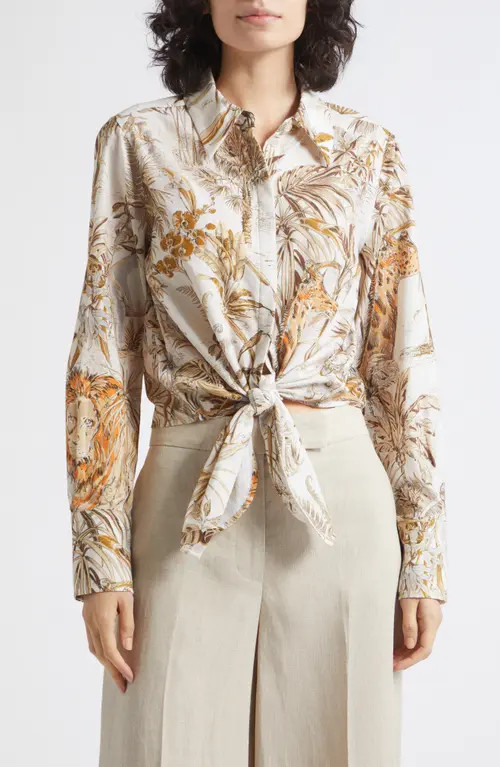Reiss Cece Safari Print Tie Front Cotton Hidden Placket Shirt in Neutral at Nordstrom, Size 0 | Nordstrom