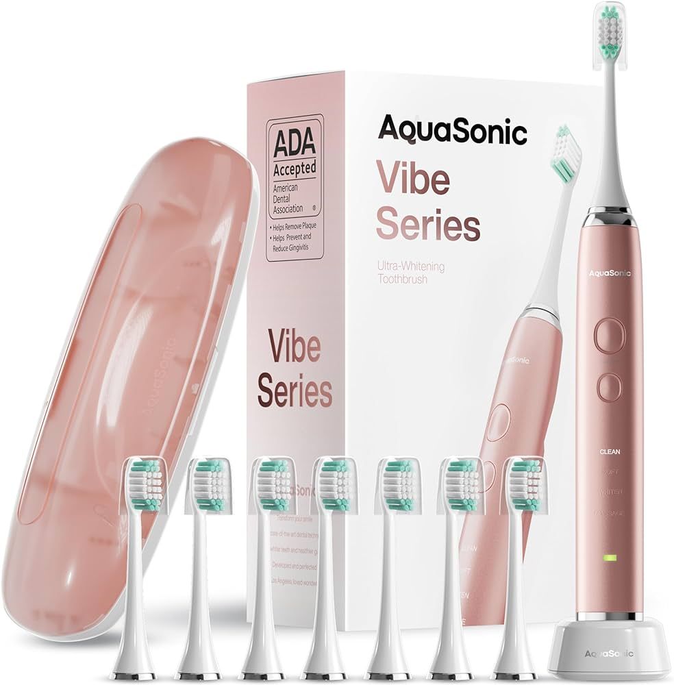 Aquasonic Vibe Series Ultra-Whitening Toothbrush – ADA Accepted Power Toothbrush - 8 Brush Heads & Travel Case – 40,000 VPM Motor & Wireless Charging - 4 Modes w Smart Timer – Satin Rose Gold | Amazon (US)