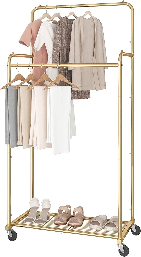Simple Trending Double Rod Clothes Garment Rack, Heavy Duty Clothing Rolling Rack on Wheels for H... | Amazon (US)