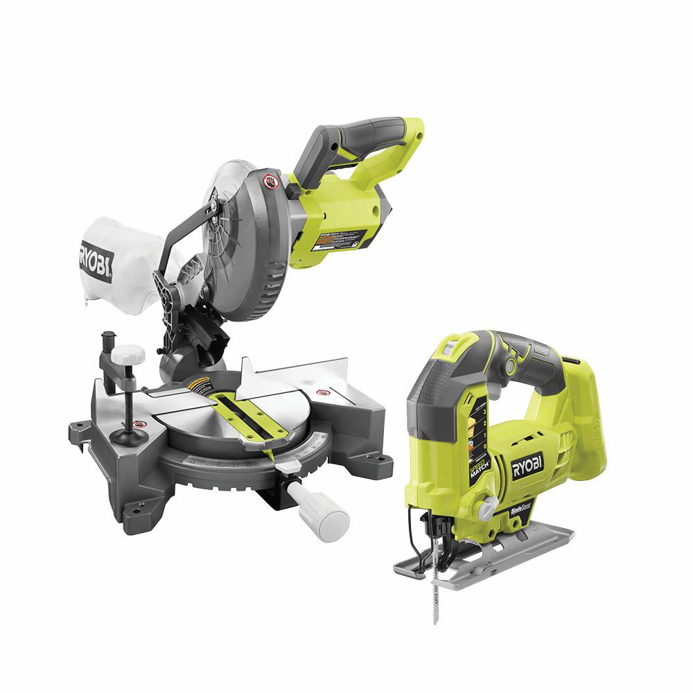 RYOBI 18-Volt ONE+ Lithium-Ion Cordless 7-1/4 in. Compound Miter Saw and Orbital Jig Saw (Tools Only | The Home Depot