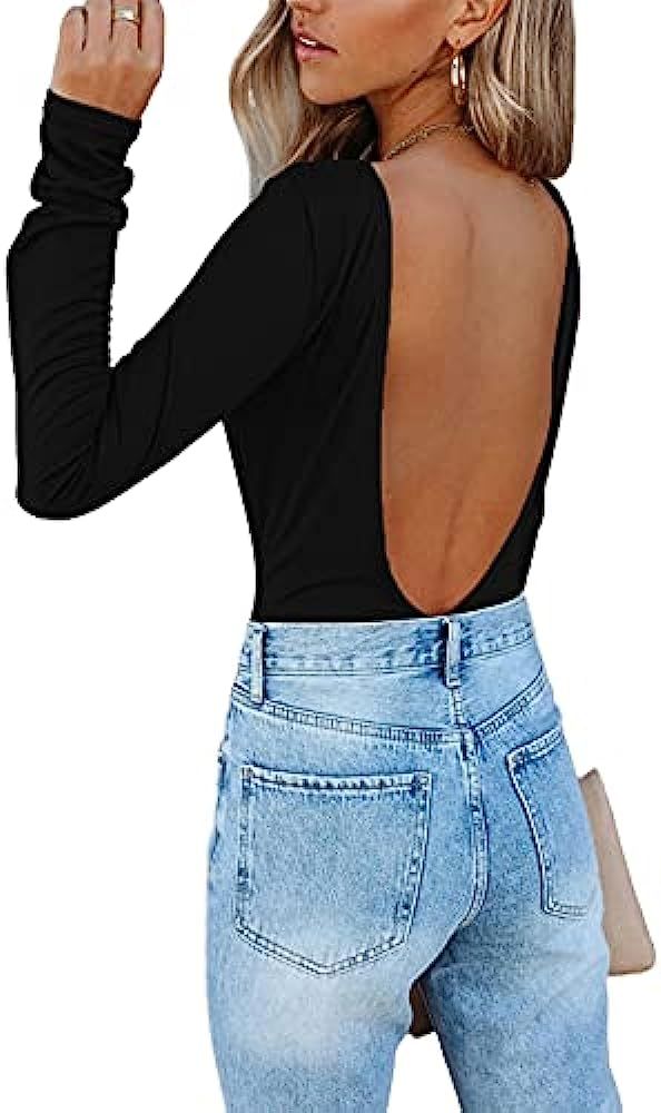 Feditch Women's Sexy One Shoulder Long Sleeve Pleated Slim Bottoming Bodysuit Jumpsuits | Amazon (US)