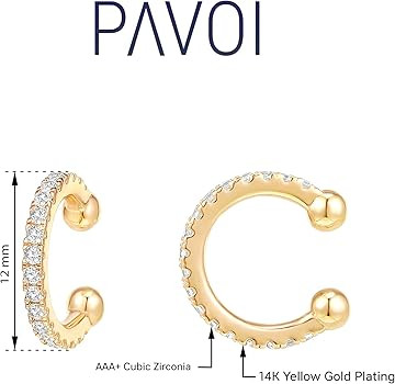 PAVOI 925 Sterling Silver 14K Gold Plated Cubic Zirconia Sparkling Round Huggie Ear Cuff Gold Ear... | Amazon (US)