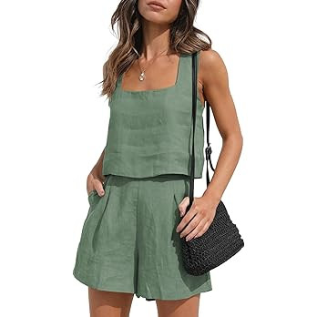 AUTOMET Womens 2 Piece Outfits Lounge Matching Sets Two Piece Linen Shorts Crop Tops 2023 Trendy ... | Amazon (US)