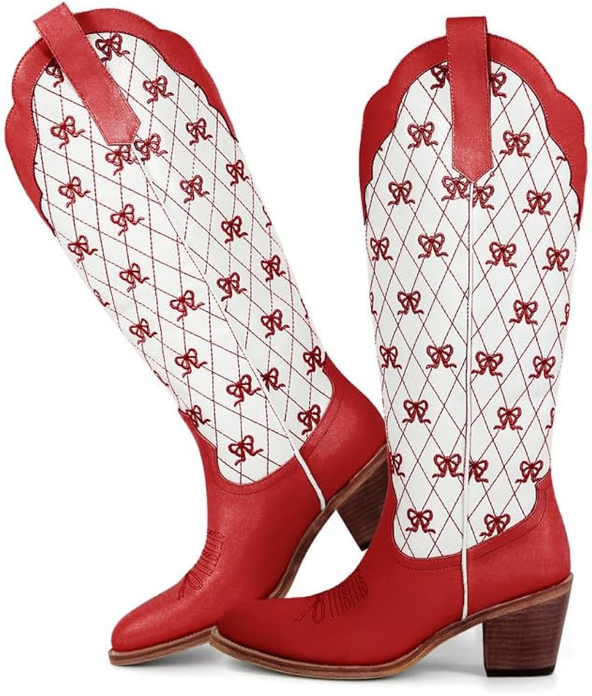 MissHeel Mini Bows Knee High Cowgirl Boots White Cowboy Boots for Women | Amazon (US)