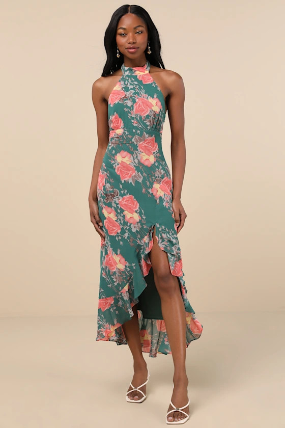 Elegant Entrance Teal Green Floral Print Halter Maxi Dress | Lulus