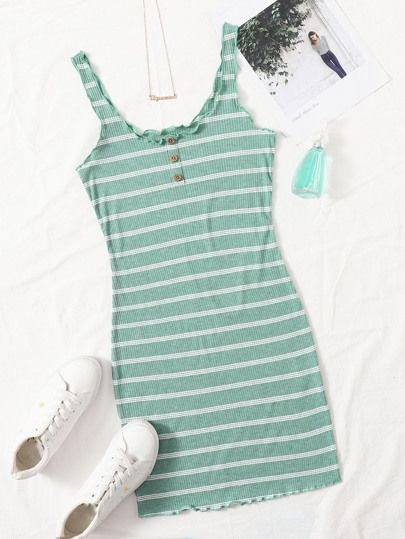 SHEIN Button Front Lettuce Edge Striped Dress | SHEIN